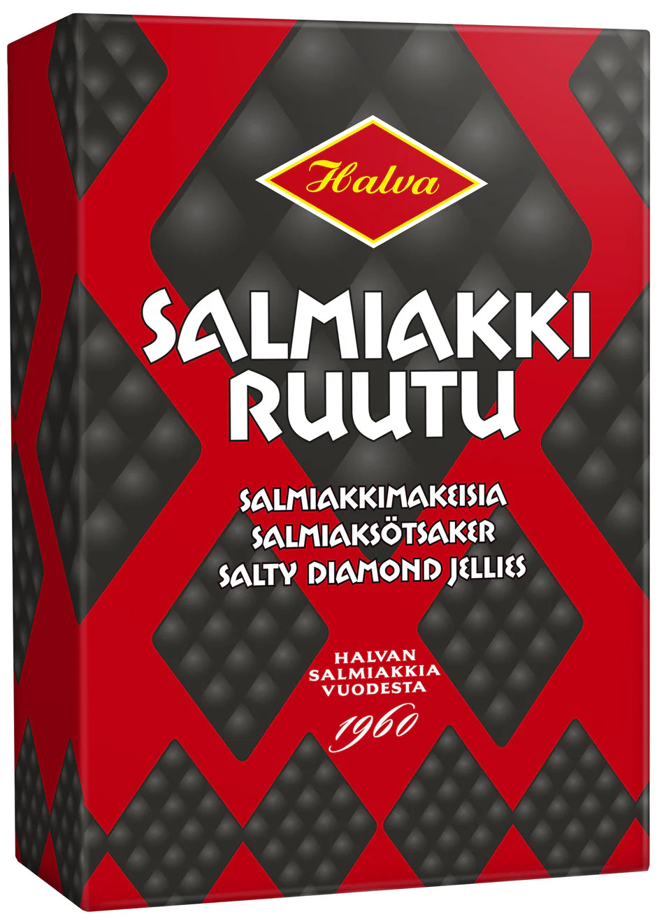 A red and black box of Halva Salty Diamond Jellies by Halva, with salty liquorice diamond-shaped candies and multilingual text in Finnish, Swedish, and English.