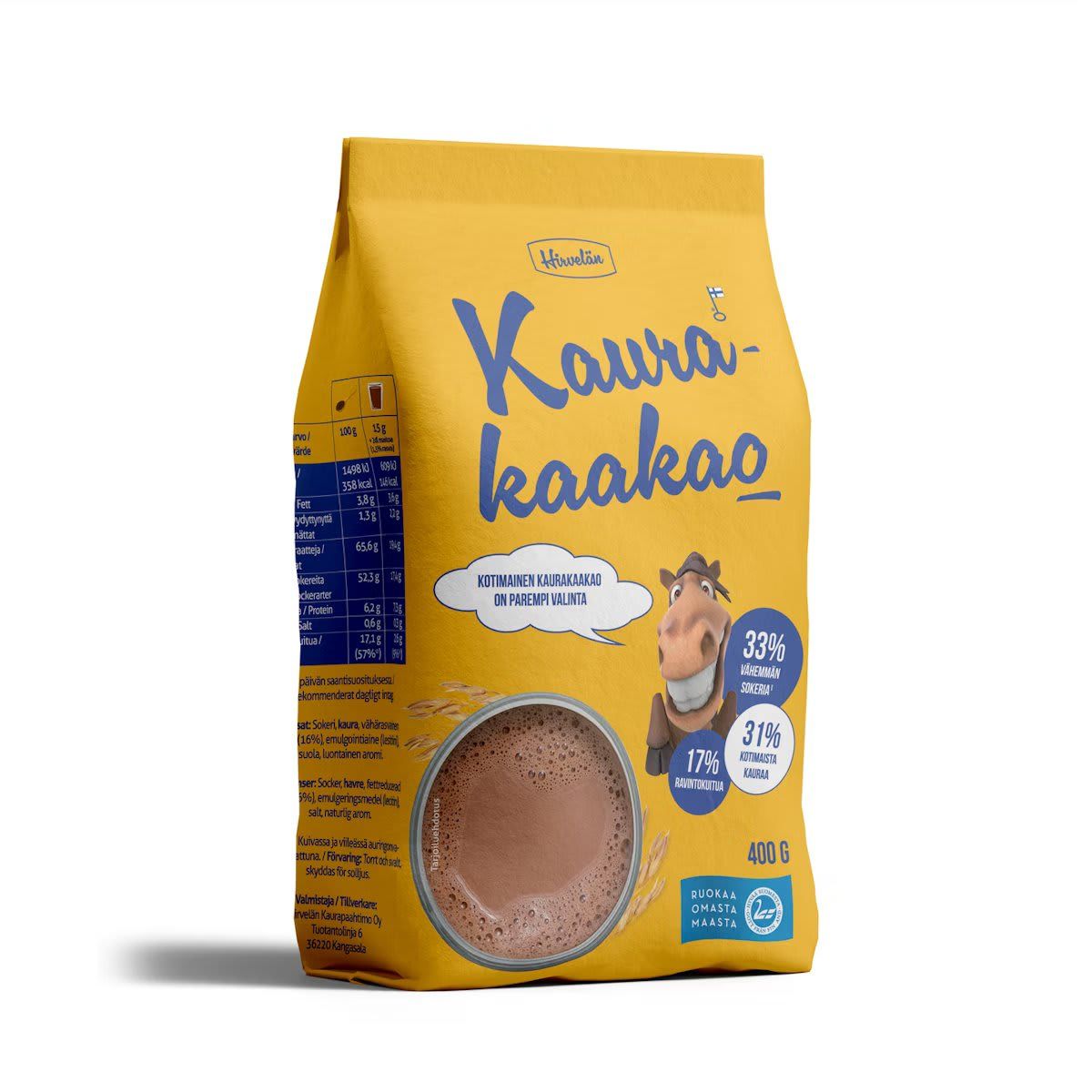 A 400g yellow bag of HirvelÀn Oat Cocoa by HirvelÀn features blue and white text, a cartoon hippo, and a chocolate drink image. This gluten-free, high-fiber Finnish oat cocoa drink mix lists nutritional highlights on the front.