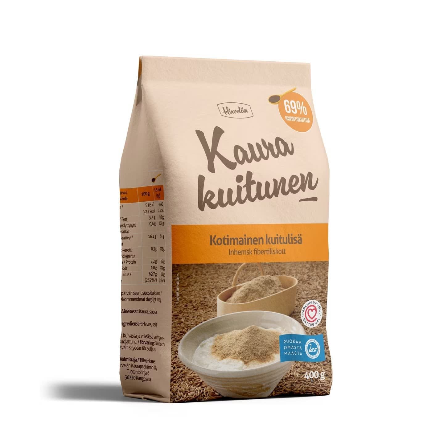A package of HirvelÀn Oat Fiber, a gluten-free 400g Finnish supplement with 69% fiber, features an image of oat fiber on the front and mostly Finnish text. Brand: HirvelÀn.