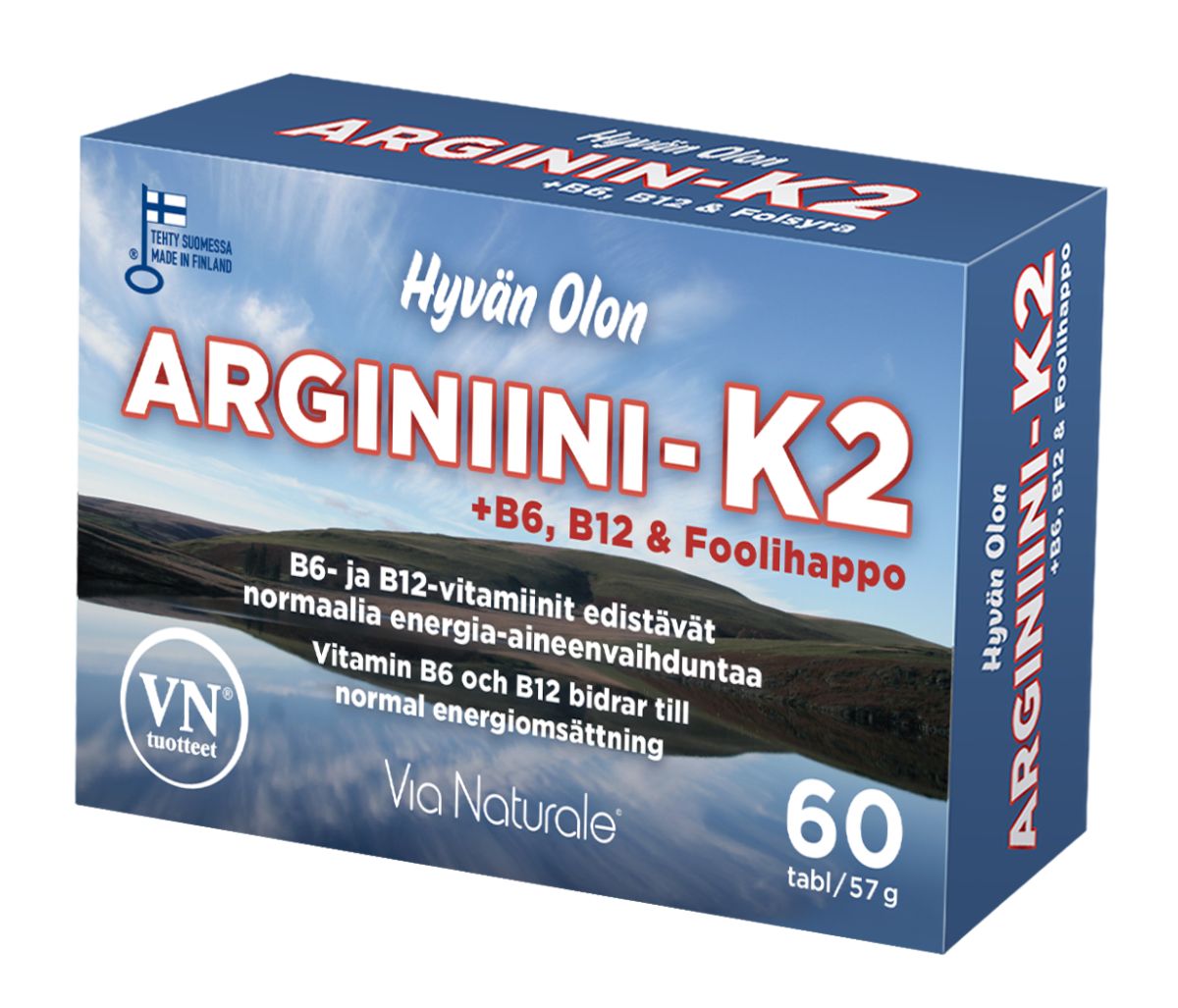 A blue box of Via Naturale Arginine & Vitamin K2 dietary supplement with 60 tablets, featuring arginine plus vitamins B6, B12, folic acid, and K2 for homocysteine support; packaging in Finnish and Swedish.