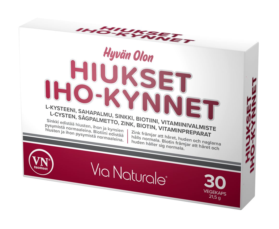 A box of Via Naturale Hair & Skin & Nails, featuring 30 veggie capsules with zinc and biotin to support hair, skin, and nails. The packaging is mainly white with red accents.