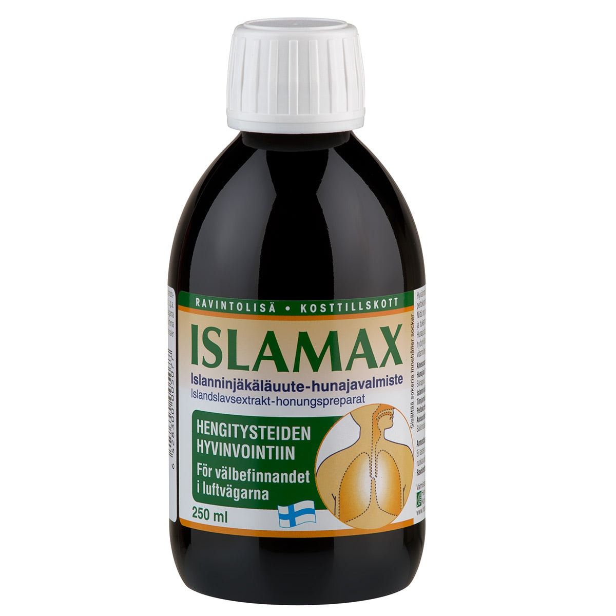 A dark brown 250âŻml bottle with a white cap labeled "Islamax" in green, by Hankintatukku. The label features Finnish and Swedish text, a lung graphic, and Finnish flagâan Iceland lichen syrup supplement for respiratory wellbeing.