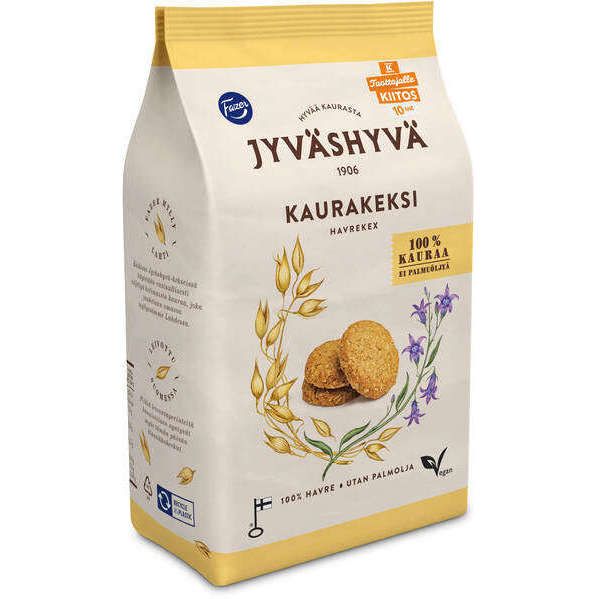 A beige and white Fazer Oat Biscuit package features oat graphics, three cookies on the front, 100% Finnish oats and vegan labels, and Finnish text. Brand: Fazer.