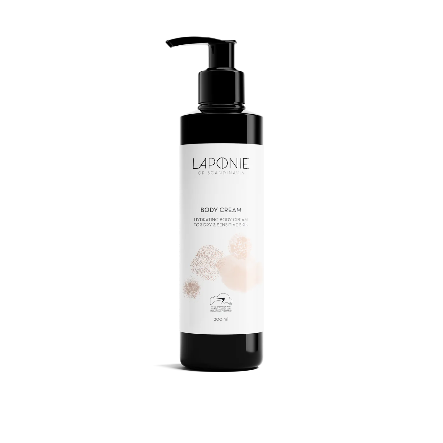 A black pump bottle of Laponie of Scandinavia Body Cream for dry, sensitive skin stands upright on a white background, featuring a white label with soft beige abstract designs.