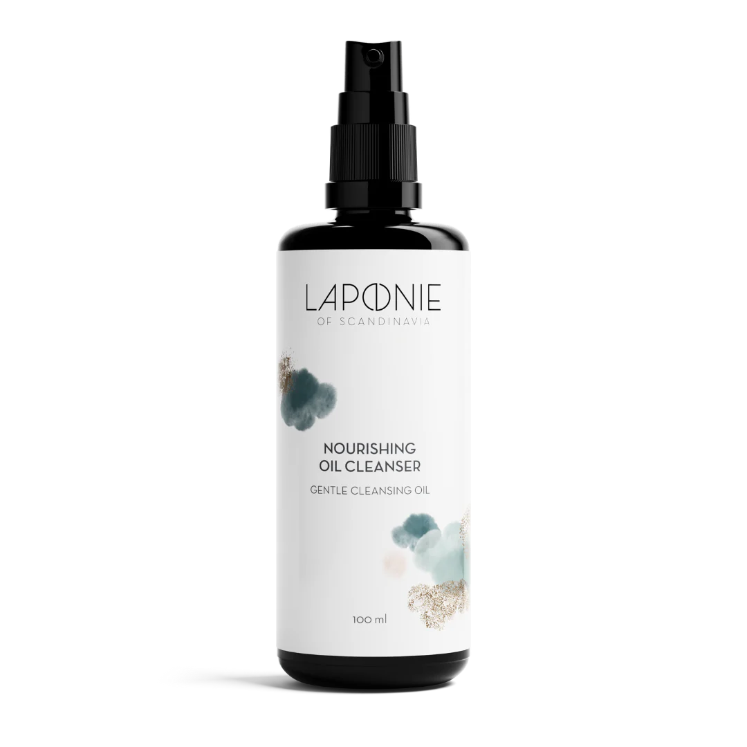 A black pump bottle of Laponie of Scandinavia Nourishing Oil Cleanser (100 ml), a gentle oil cleanser for sensitive skin, featuring minimalistic blue and beige watercolor designs on a white label.