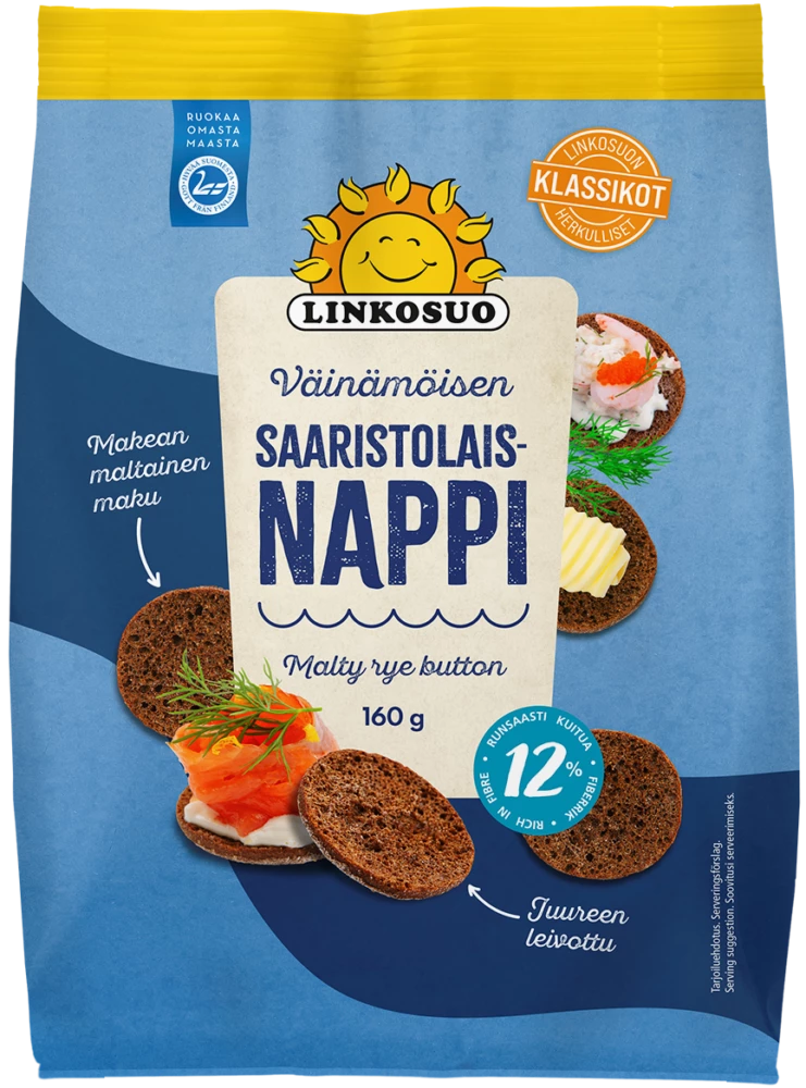 A blue and yellow pack of Linkosuo Malty Rye Button features Finnish wholegrain rye bread snacks topped with salmon, herbs, and butter. The packaging shows product details and the Linkosuo brandâs smiling sun logo.
