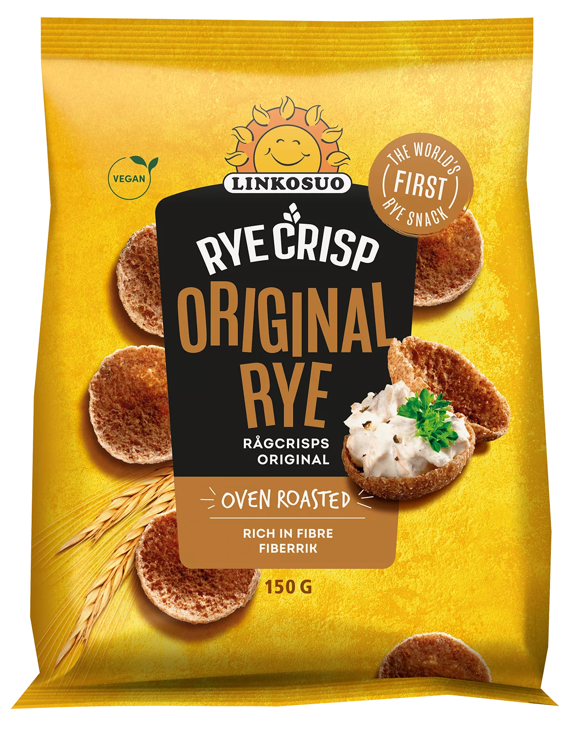 A yellow bag of Linkosuo Original Rye Crisps displays round oven-roasted Finnish rye snacks, a cream-topped crisp, wheat stalk, "Rich in Fibre" and "Vegan" labels. Brand: Linkosuo. Net weight: 150g.