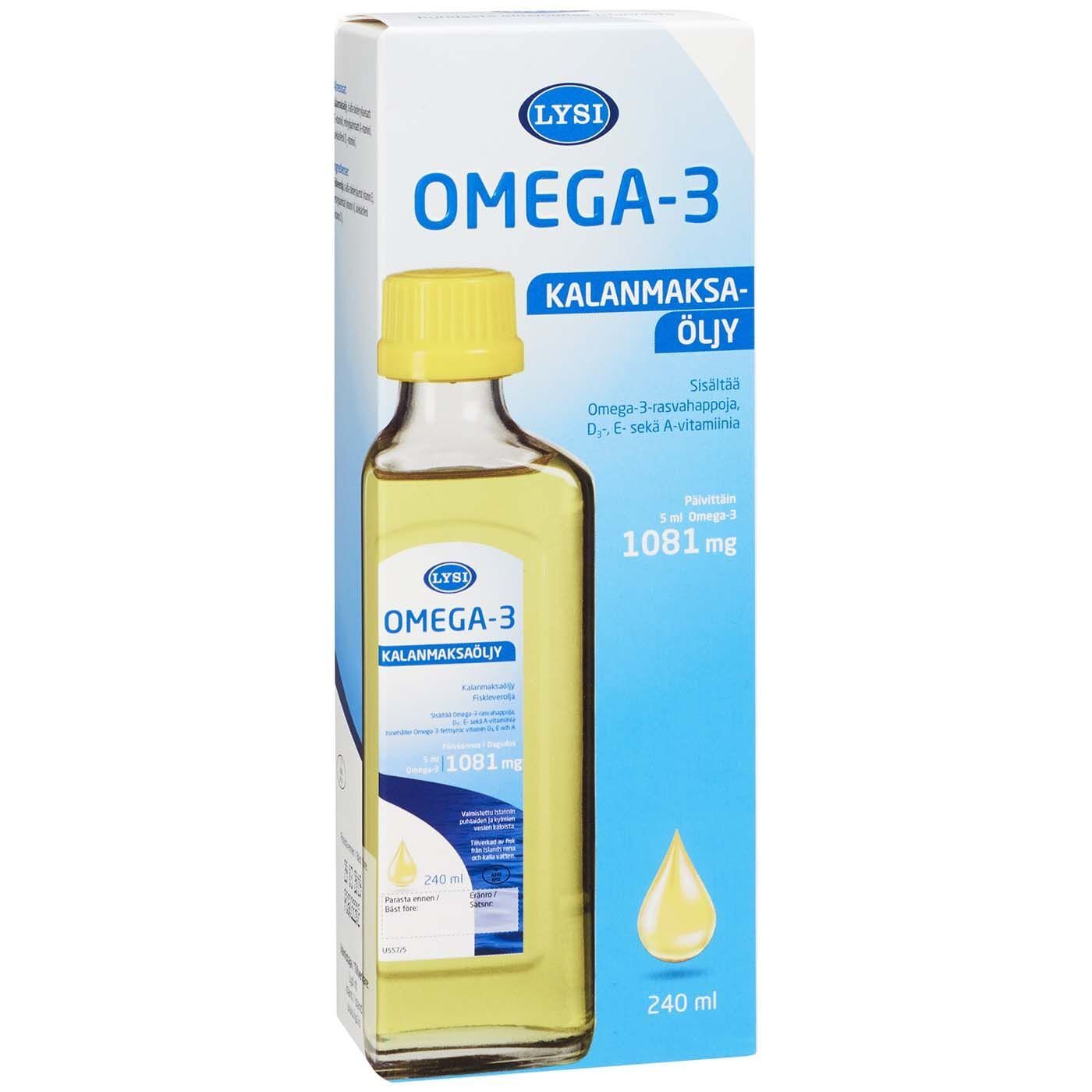 A bottle and box of Lysi Cod Liver Oil from Iceland, labeled in Finnish, reveal a yellow liquid inside. The box highlights omega-3 fatty acids and lists the volume as 240 ml. Brand: Lysi.