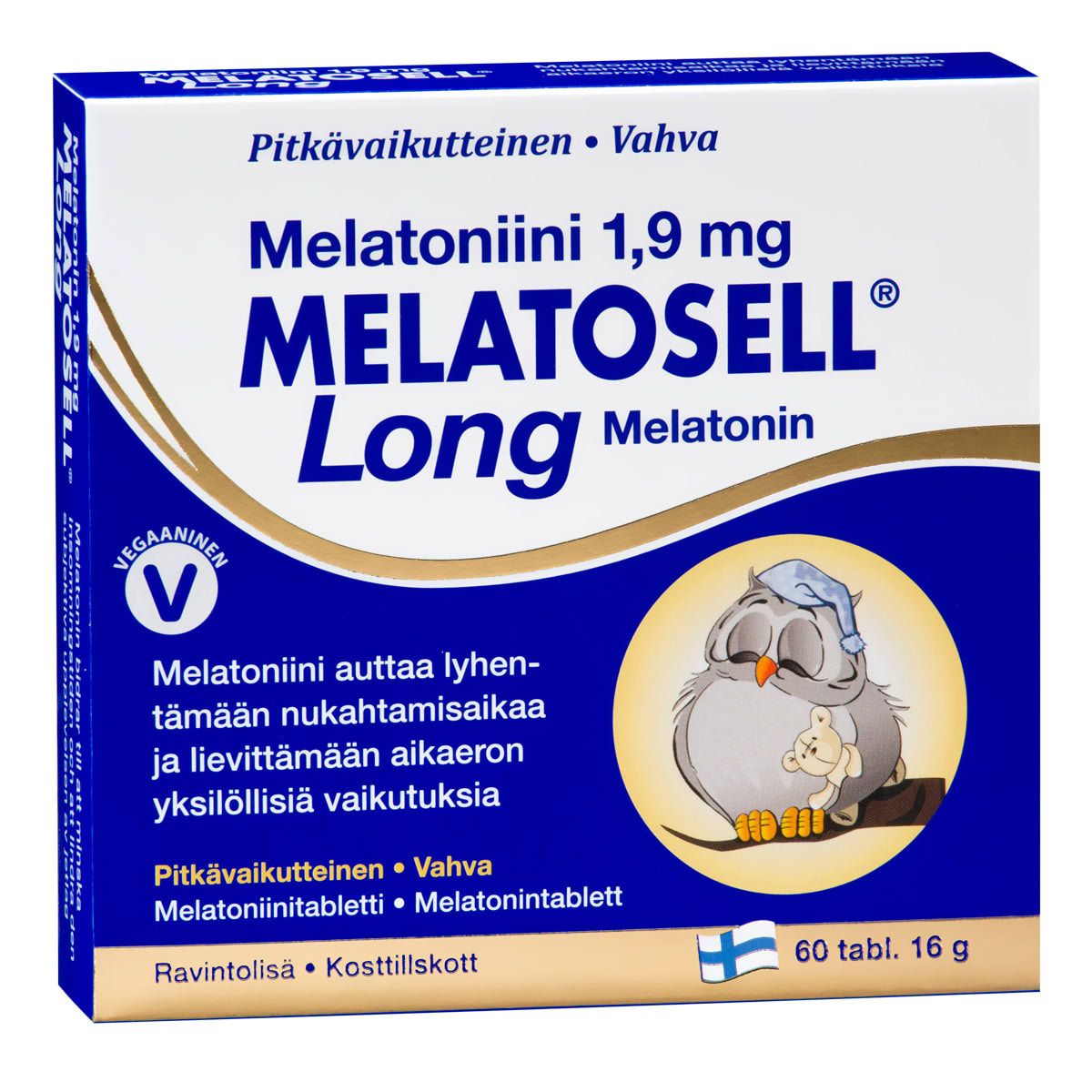 Blue and white box of Hankintatukku Melatosell Long 1,9 mg, a long-acting sleep aid with 60 melatonin tablets. Features a sleeping owl, pillow, moon and stars; text in Finnish and Swedish. Ideal for restful nights or jet lag relief.