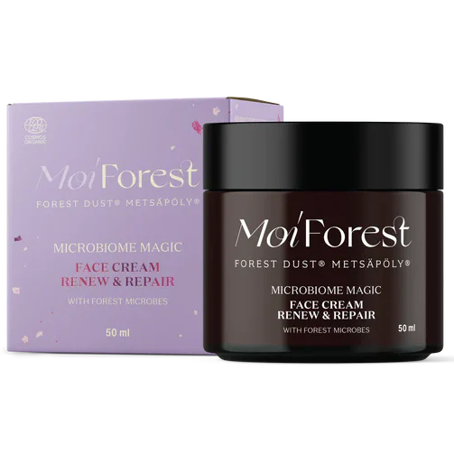 A 50 ml dark jar of Moi Forest Microbiome Magic Face Cream for sensitive skin sits in front of its purple box. The jar has a black lid and features "Renew & Repair" on the label. Brand: Moi Forest.