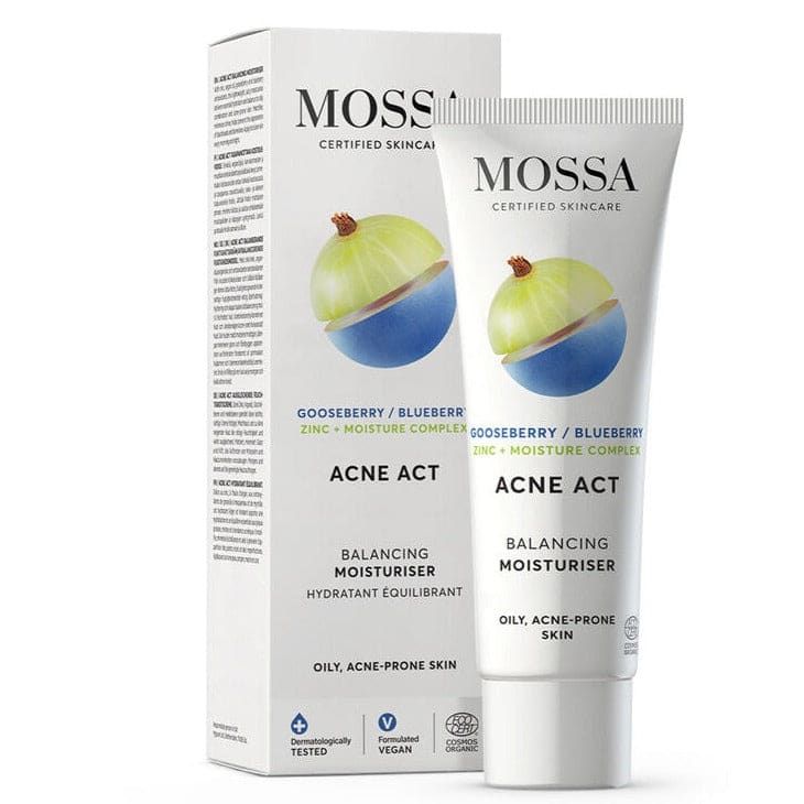 A tube and box of Mossa Acne Act Balancing Moisturiser, featuring gooseberry imagery. The packaging lists key ingredientsâgooseberry, blueberry, and zincâand states it balances excess sebum for oily, acne-prone skin.