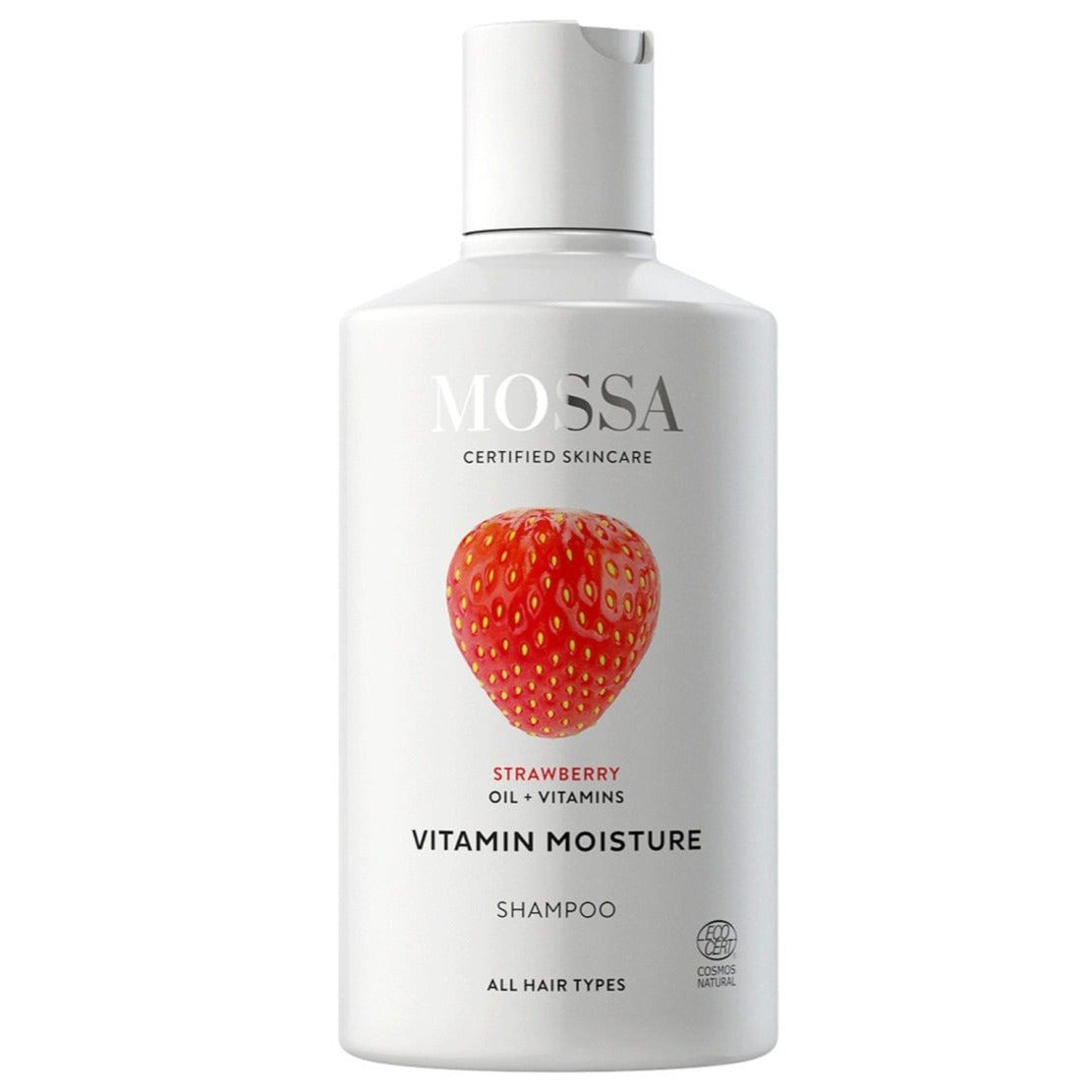 A white bottle of Mossa Vitamin Moisture Shampoo displays a strawberry image and highlights strawberry extract and vitamins on the label, promising revitalization for all hair types.
