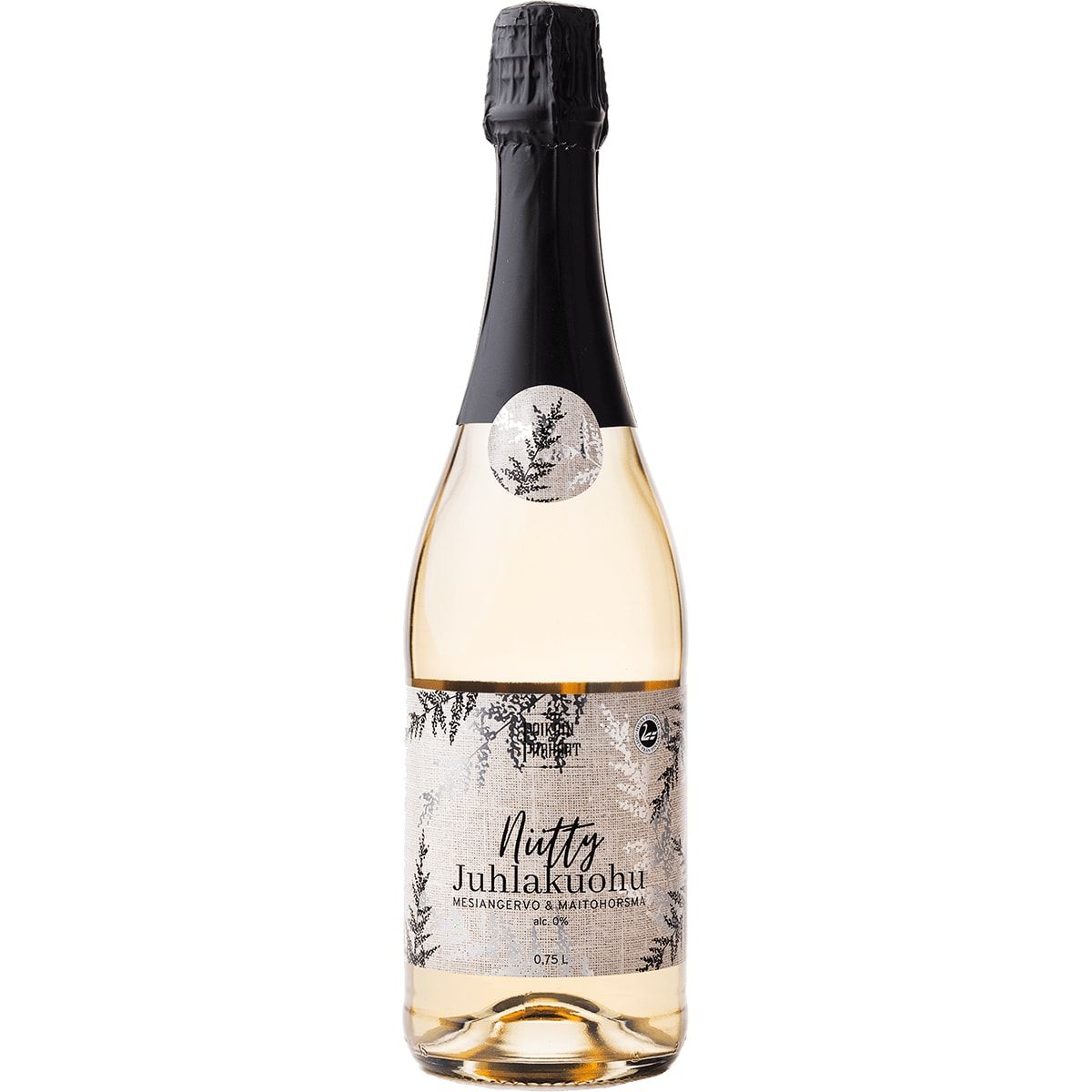 A bottle of Poikain Parhaat Niitty Sparkling Drink 0,0%, non-alcoholic with a light golden color. Features a nature-inspired label with black and white botanicals and a black foil-wrapped top.