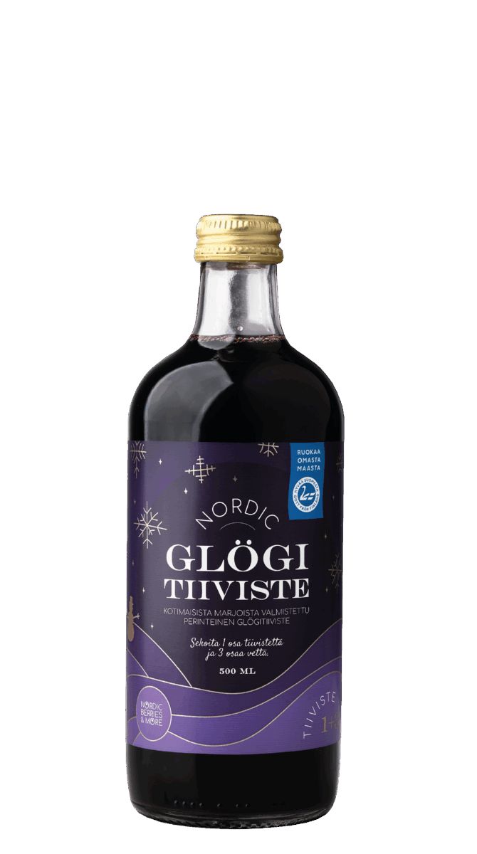 A 500 ml glass bottle with a gold cap, filled with dark liquid. The label reads "Poikain Parhaat Nordic Berries More Nordic Glögg Concentrate" and features purple accents and snowflakes, indicating it's alcohol-free Finnish berry juice.