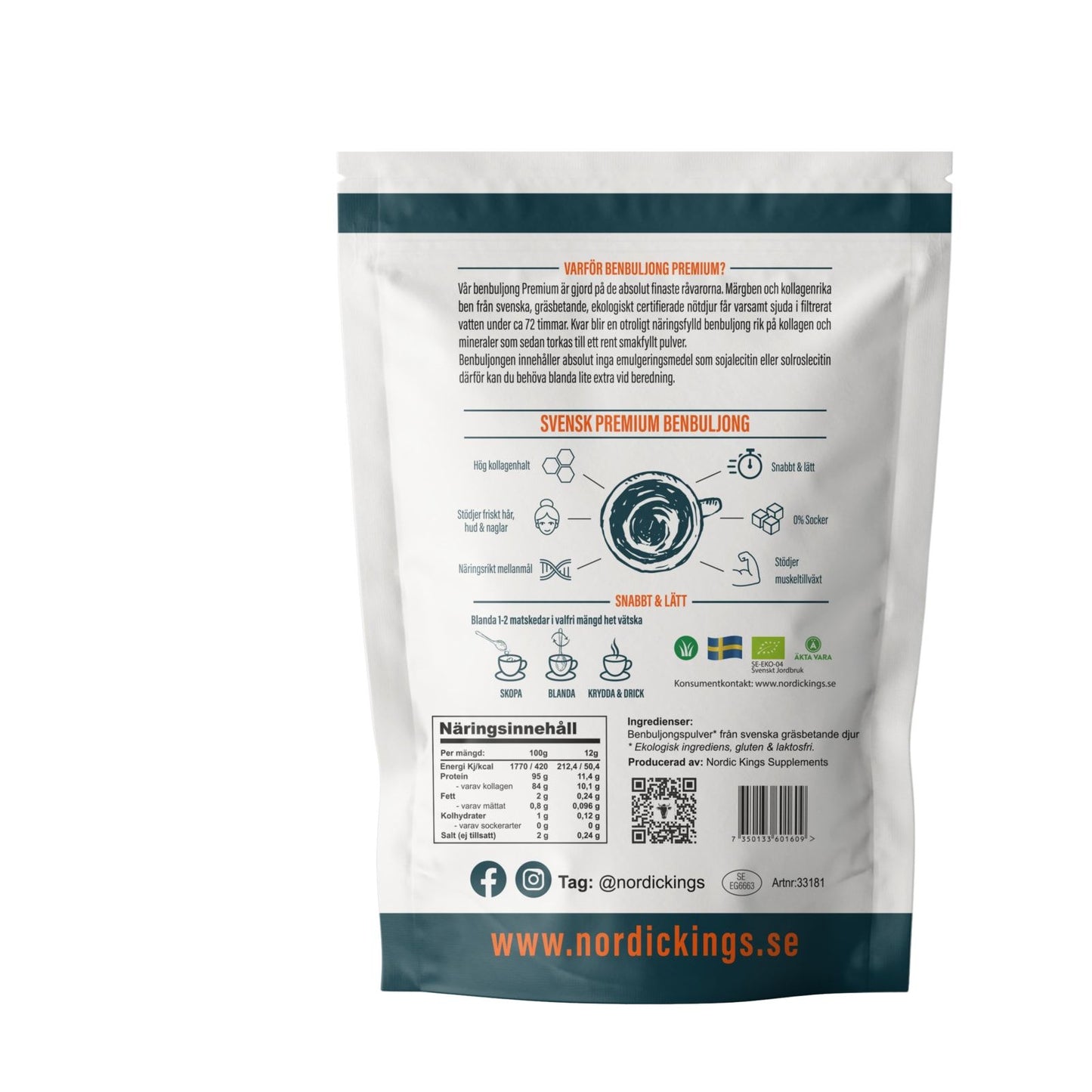 Back of a Nordic Kings Premium Organic Bone Broth package featuring Swedish text, nutrition facts, preparation steps, social media icons, and the website URL on a white background.