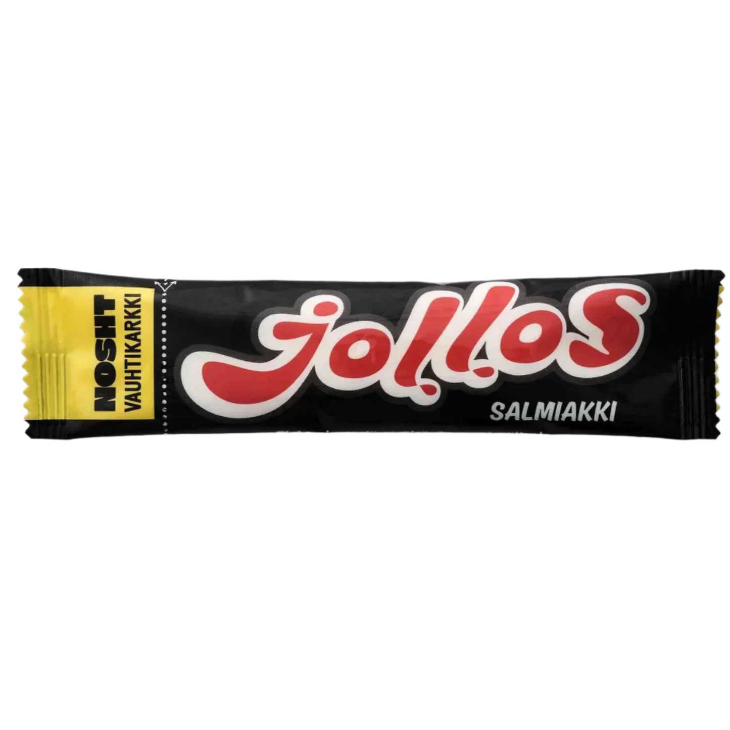 A black, yellow, and white wrapper with bold red "Jollos" text and "Nosht Jollos Energy Chews Salty Liquorice" in the corner—ideal for salty liquorice lovers seeking a vegan energy chew from Nosht.