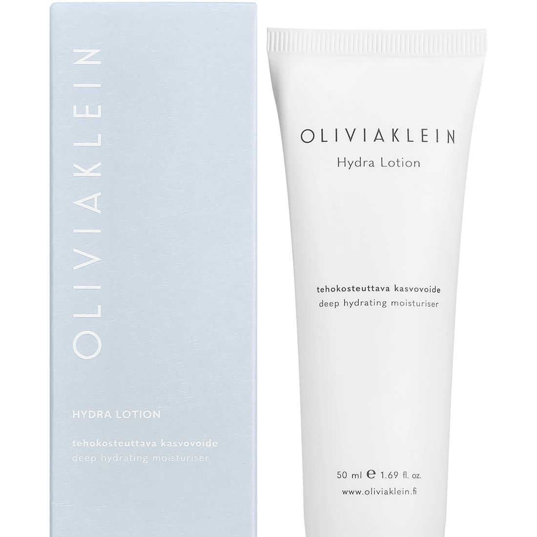 A 50 ml (1.69 fl oz) white tube and light blue box of Olivia Klein Hydra Lotion by Olivia Klein, a deeply hydrating daily face moisturizer for dry skin.