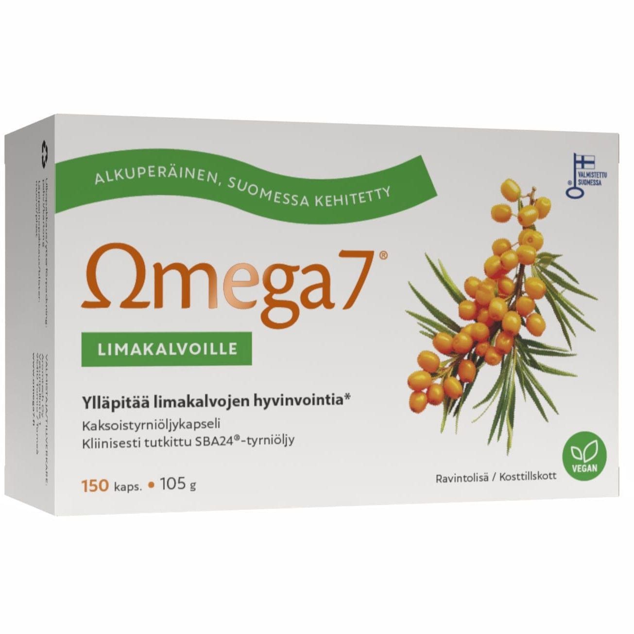 A box of Omega7 SBA® Sea Buckthorn Oil Capsules (Omega7 brand) with Finnish text, green vegan and certification icons, and a sea buckthorn berry image. Supports mucous membrane hydration. Contains 150 capsules (105 g).