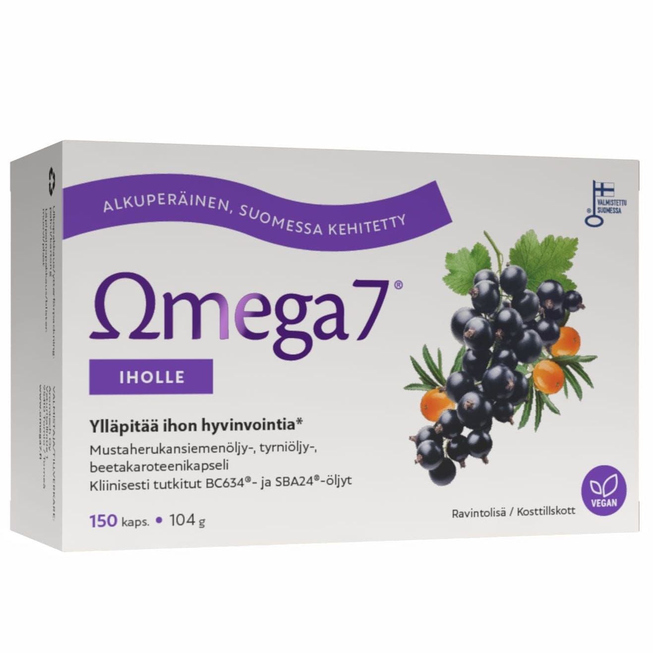 Omega7 Skin by Omega7 is a dietary supplement with sea buckthorn oil and blackcurrant seed oil. Finnish text highlights benefits like internal hydration for dry skin. Contains 150 capsules (104g).