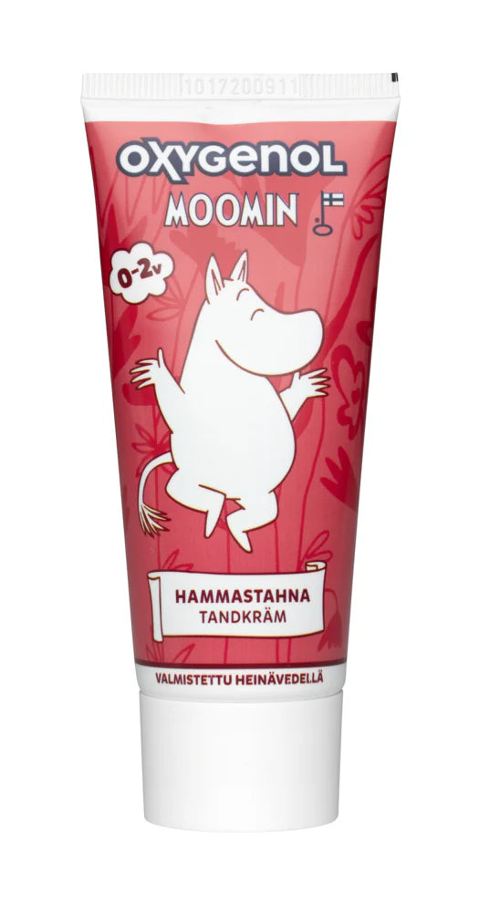 Oxygenol Moomin Baby Toothpaste 0+ is a gentle xylitol toothpaste for babies’ first teeth, suitable from birth. The tube features a cartoon Moomin on a red background with Finnish and Swedish text. Brand: Oxygenol.