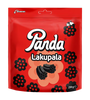 A red 250-gram bag of Panda Licorice by Panda features black flower designs, three licorice pieces in the center, and Finnish branding with a small panda illustration.