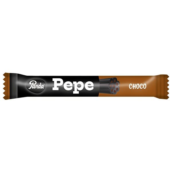 A brown and black wrapper labeled Panda Pepe Liquorice Bar Choco by Panda, featuring a chocolate-filled Finnish liquorice stick on a white background.