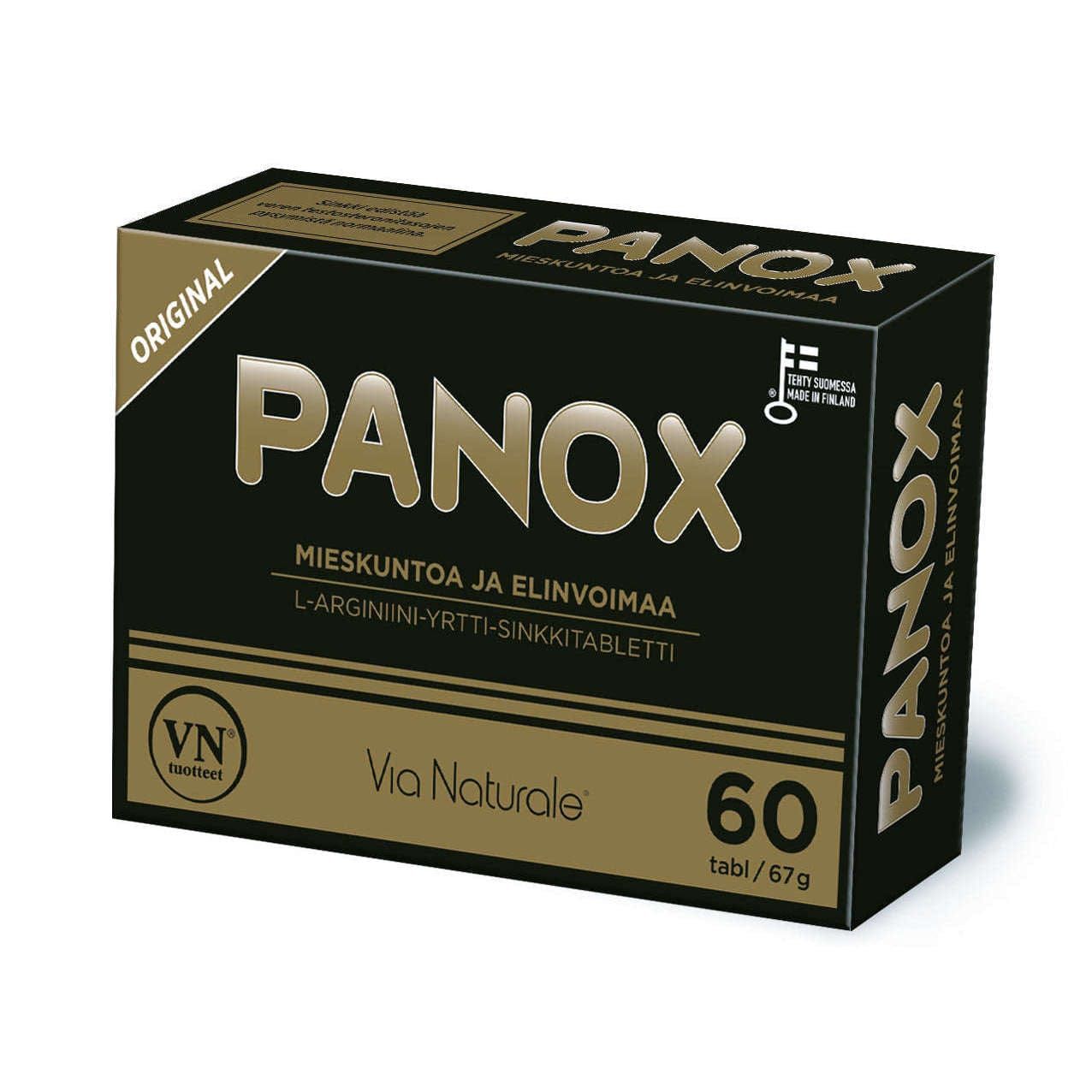 A black and gold box labeled Panox Original with Finnish text, from Via Naturale, contains 60 L-arginine zinc tablets and is marketed as a natural testosterone-boosting dietary supplement featuring key herbal ingredients.