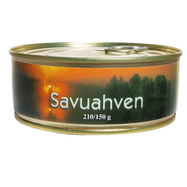 A round tin from Pielisen Kala features "Pielisen Kala Smoked Perch" and a sunset lake scene with trees on the label. The weight, 210/150g, is printedâideal as an alder smoked fish spread or a gourmet pasta topping.