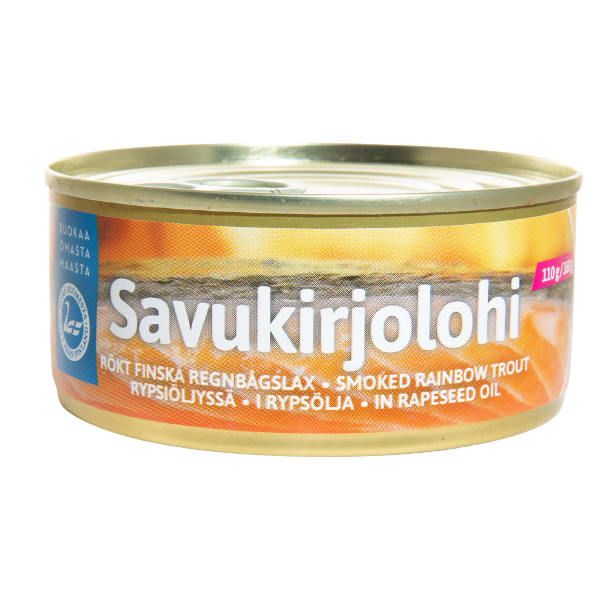 A can of Pielisen Kala Smoked Rainbow Trout In Rapeseed Oil, featuring Finnish and English text and a pull-tab lid, is displayed against a white background.