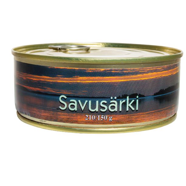 A round metal can with a pull-tab lid, labeled Pielisen Kala Smoked Roach (210/150g). The label shows a sunset over a calm lake with tree silhouettes, hinting at the tasty smoked roach inside from Pielisen Kala.