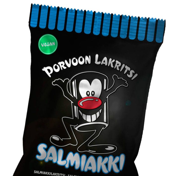 A black candy bag with blue stripes labeled Porvoon Lakritsi Salty Licorice features a cartoon character with a big red nose, wide grin, and outstretched arms. This vegan treat from Porvoon Lakritsi offers classic salty licorice flavor.