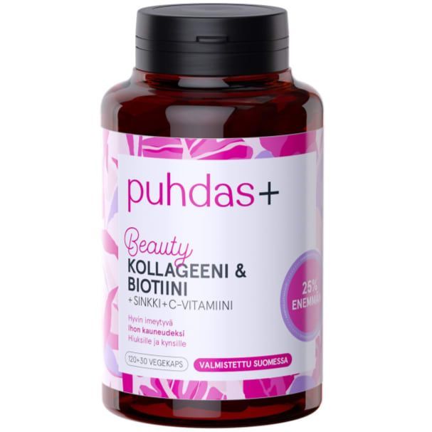 Puhdas+ Beauty Collagen & Biotin by Puhdas+ combines zinc, vitamin C, and fish collagen. The dark bottle with a black cap features a white and pink Finnish label with a floral background—ideal supplements for radiant hair and skin.
