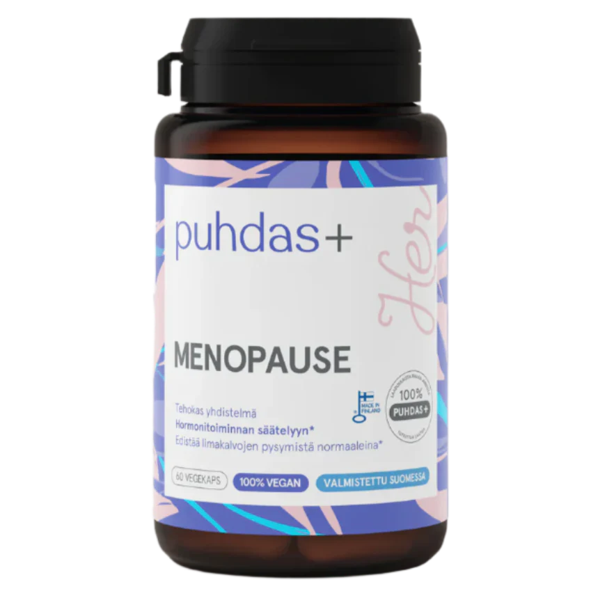 A brown bottle labeled Puhdas+ Menopause by Puhdas+ with a purple, pink, and blue design. The label highlights 100% vegan, 60 vegekaps, made in Finland, and menopause support with sage leaf extract and vitamin B6.
