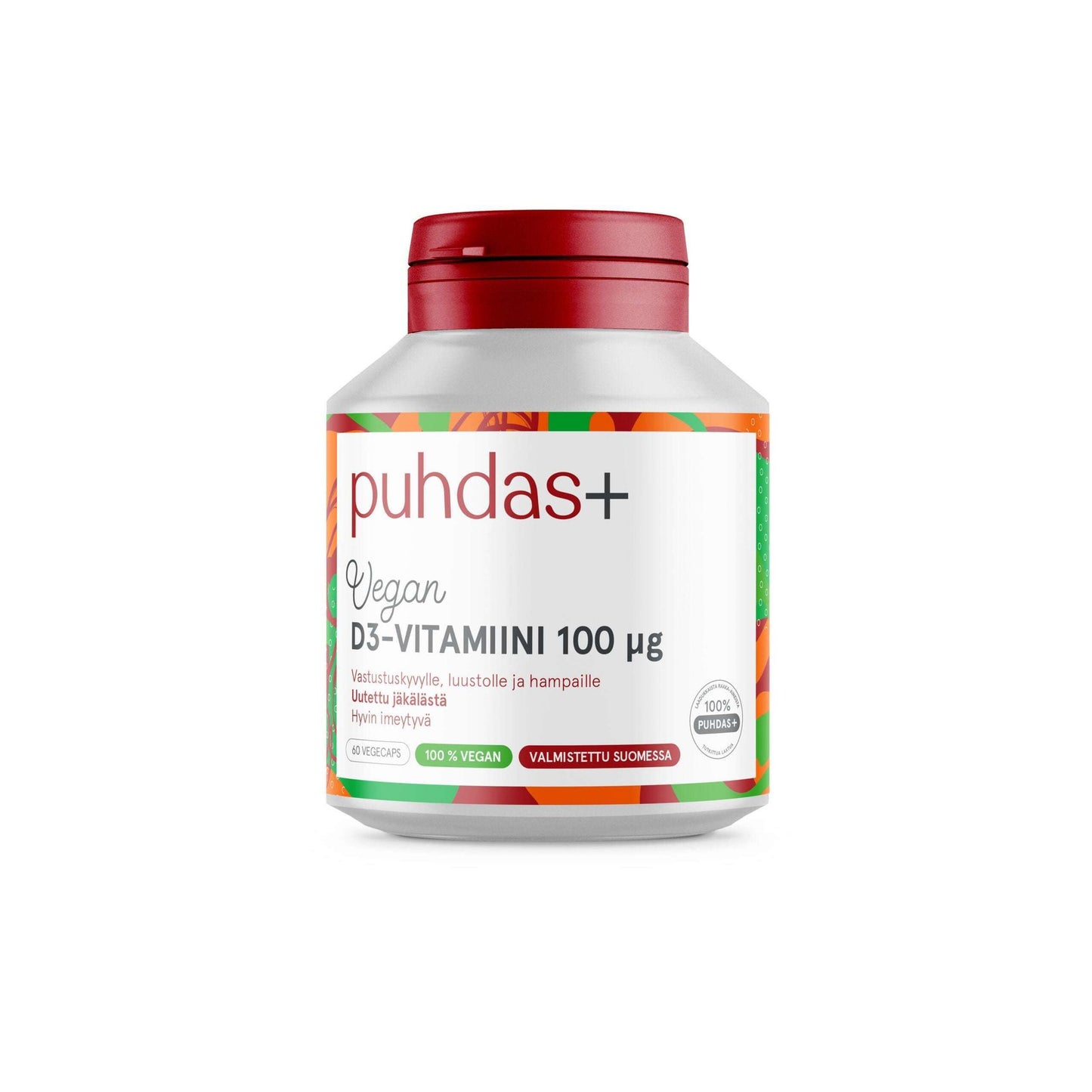 A white bottle with red lid of Puhdas+ Plant-Based Vitamin D3 100 µg.