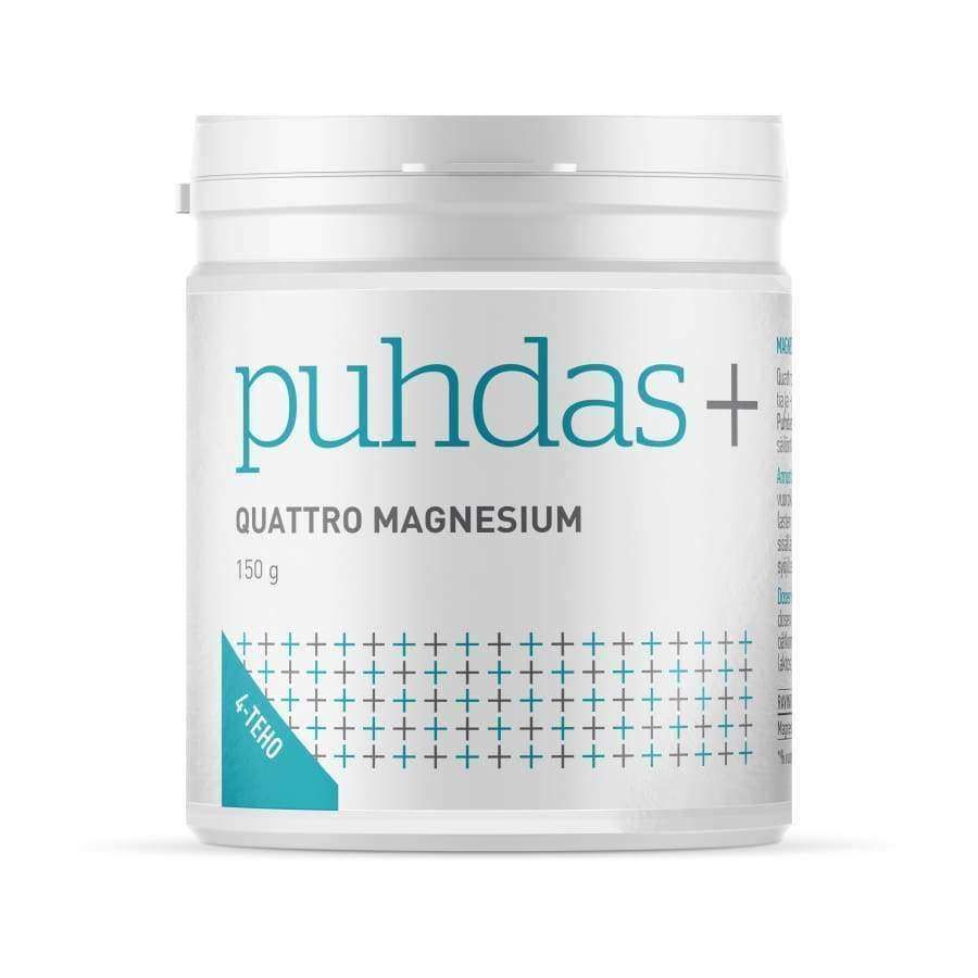 A white container of Puhdas+ Quattro Magnesium Powder, featuring blue and gray text, small plus signs at the bottom, and a blue 4 TEHO label—highlighting this Puhdas+ supplement with four forms of magnesium.