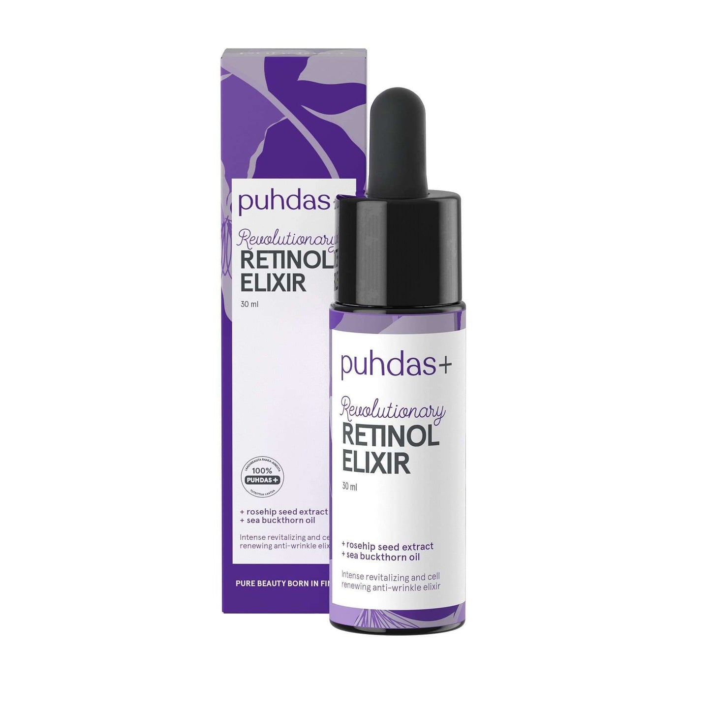 A bottle and box of Puhdas+ Revolutionary Retinol Elixir. The white and purple packaging with dropper cap emphasizes retinol for radiant, youthful skin from the brand Puhdas+.