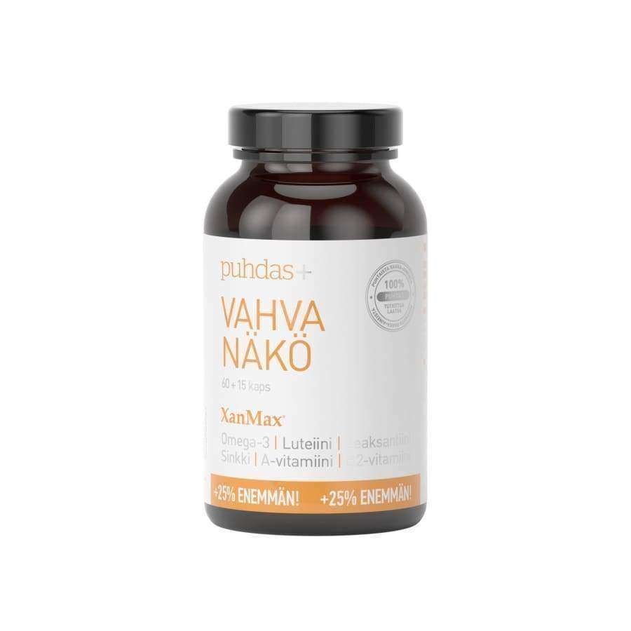 A brown bottle labeled Puhdas+ Strong Eyesight from Puhdas+, with a white and orange label highlighting Omega-3, DHA for vision, lutein, zeaxanthin, vitamins, and “+25% MORE!” at the bottom; contains an eye health supplement.