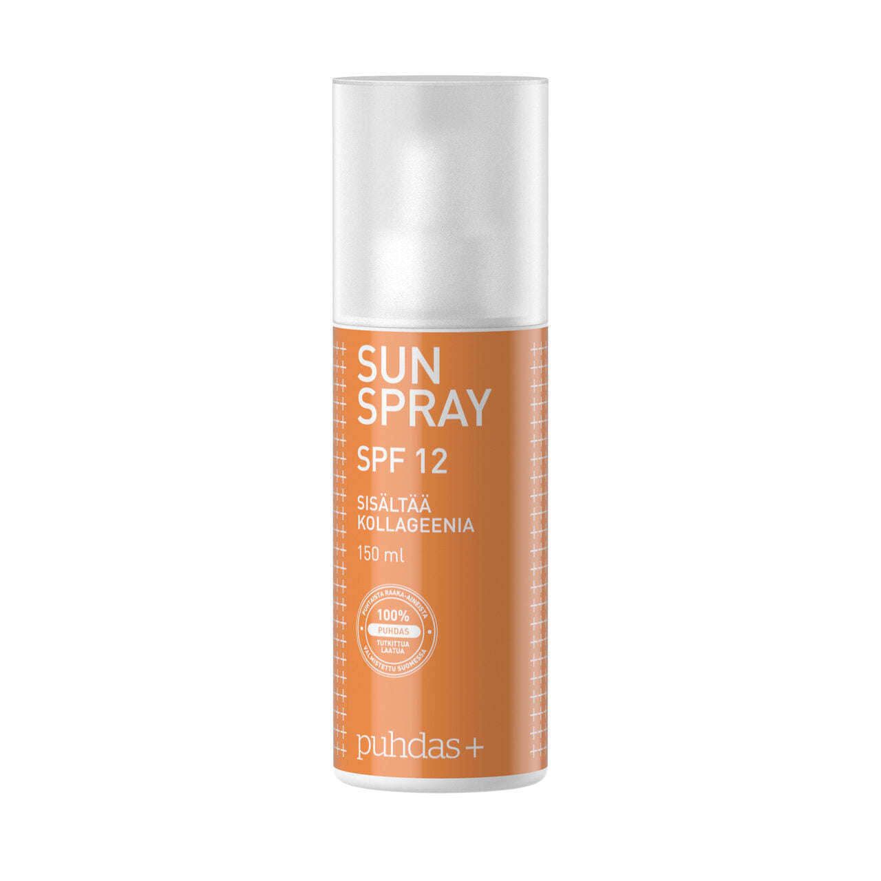 A 150 ml bottle of Puhdas+ Sun Creme Spray SPF 12, a collagen sunscreen with orange label and white cap, featuring a round â100% natural raw materialsâ mark for natural sun protection.
