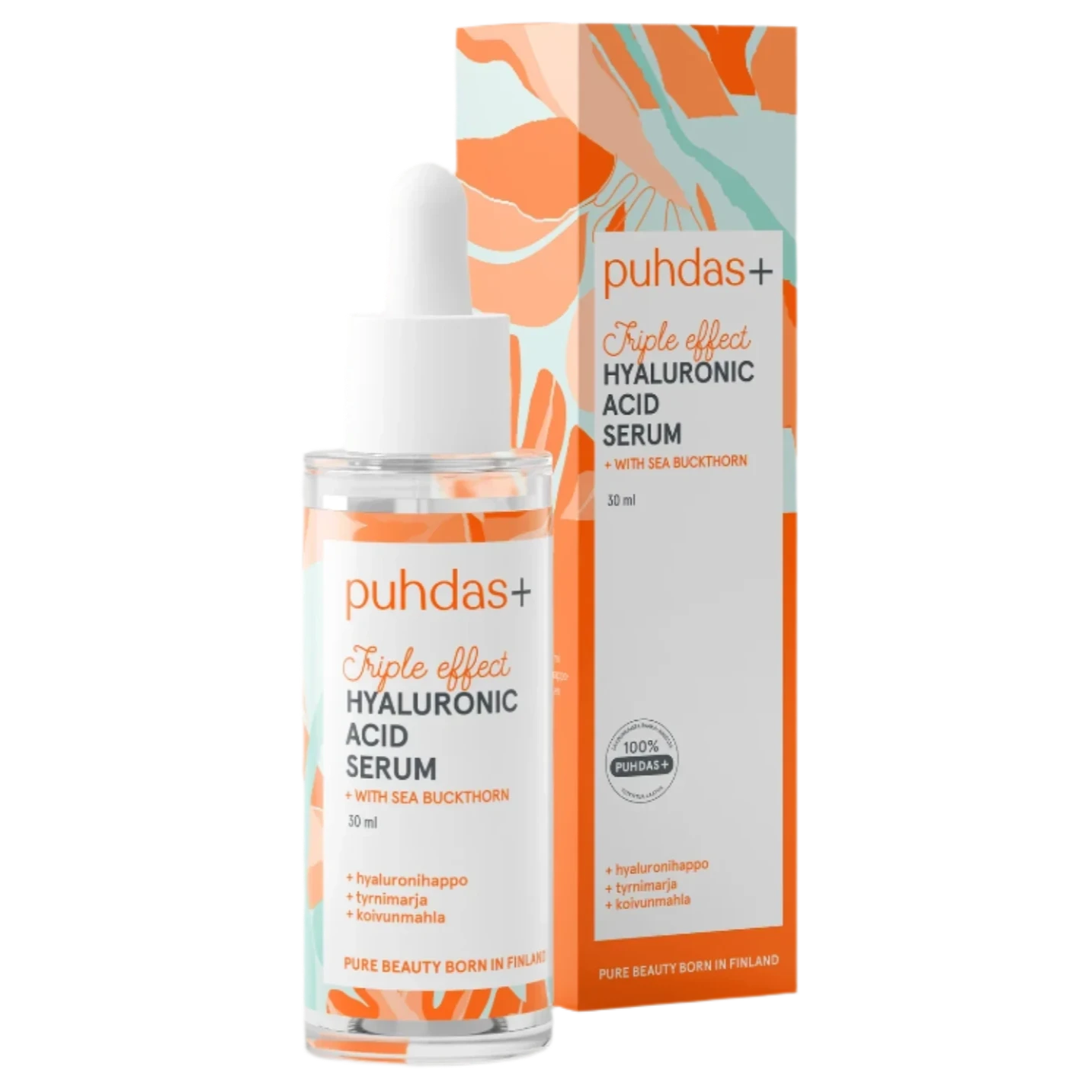 A bottle and box of Puhdas+ Triple-Effect Hyaluronic Acid Serum & Sea Buckthorn, featuring abstract orange and peach designs. The packaging highlights Puhdas+'s moisturizing serum, key ingredients, and product details.