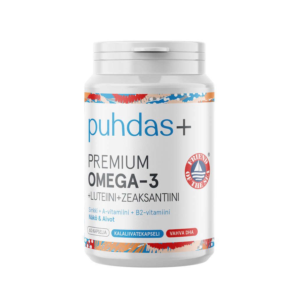 A white bottle of Puhdas+ Premium Omega-3 + Lutein + Zeaxanthin features a blue and orange label with Finnish info on the benefits of omega-3, lutein, and zeaxanthin, topped by a white cap.