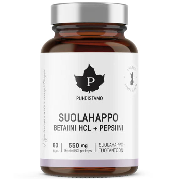 A brown glass bottle labeled Puhdistamo Betaine Hydrochloride by Puhdistamo, with a silver cap, contains 60 capsules (550 mg each) for digestive support and is shown against a clean white background.