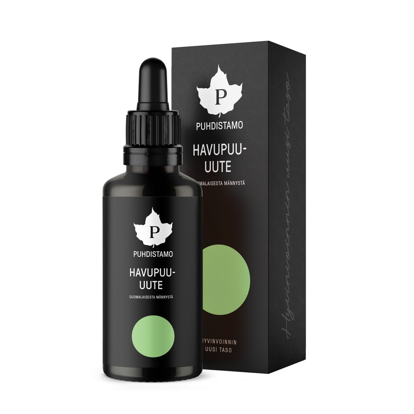 A black dropper bottle labeled Puhdistamo Premium Research Conifer Extract stands before a matching black box with a green circle and white text, featuring a white maple leaf logo and promoting antioxidant-rich Finnish pine bark extract.