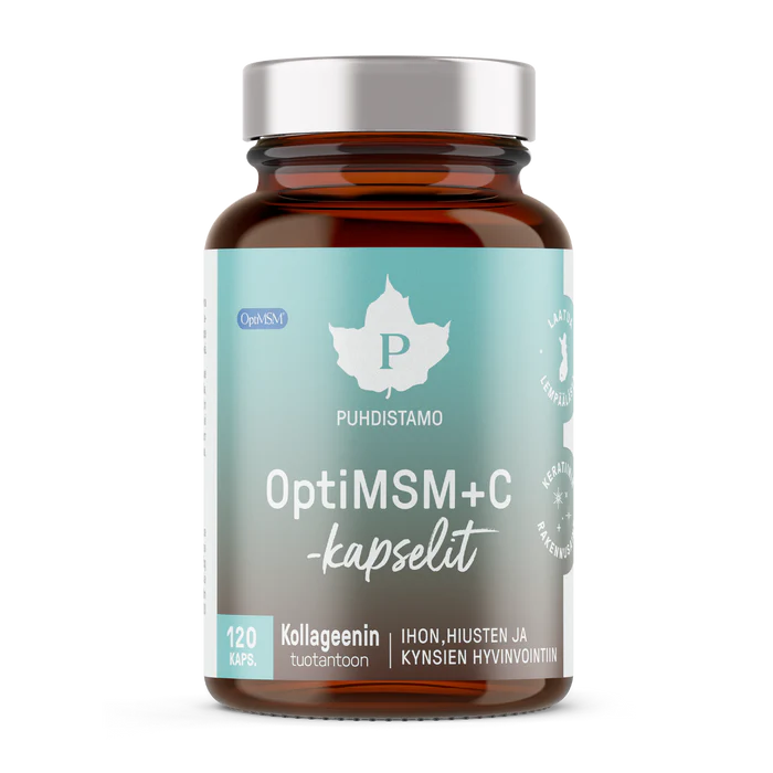 A brown glass jar with a silver lid labeled Puhdistamo OptiMSM + C by Puhdistamo. The blue and white label notes 120 capsules, providing MSM and vitamin C to support collagen for skin, hair, and nails in Finnish.