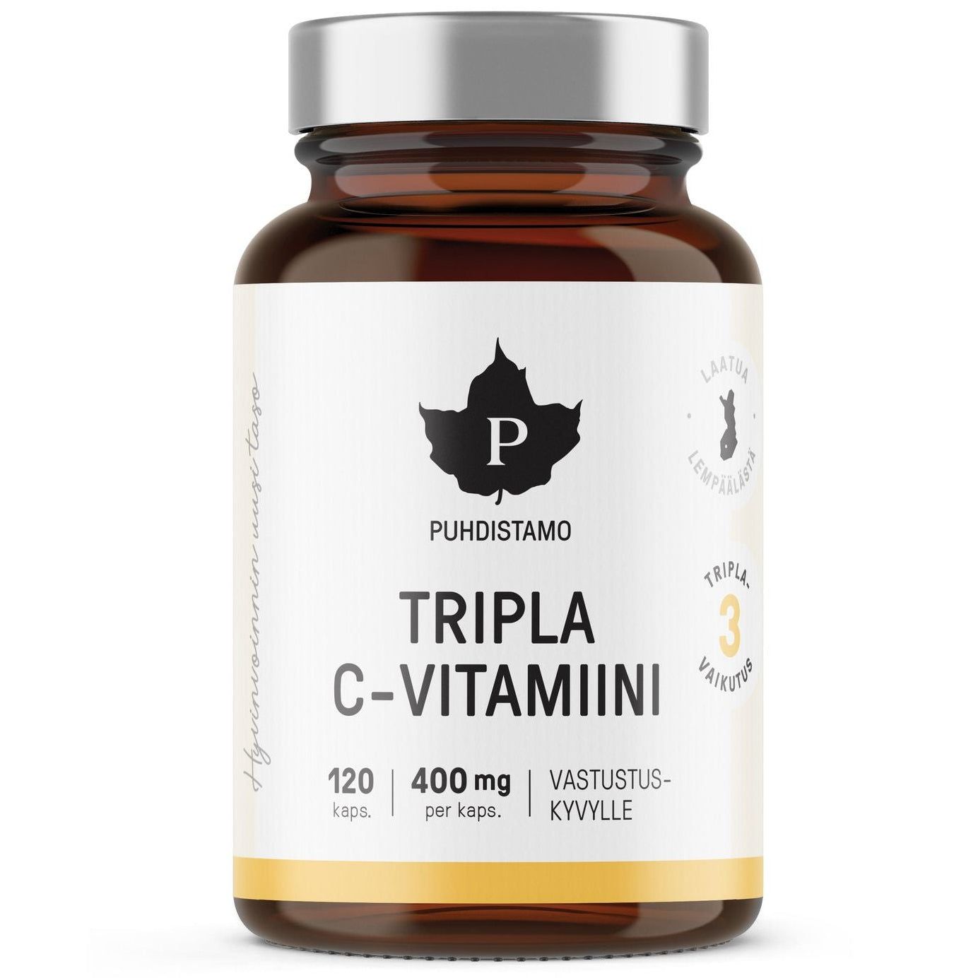 A minimalist brown glass bottle with a silver cap contains 120 capsules of Puhdistamo Triple Vitamin C, each 400 mg from camu camu berries, labeled with the brandâs white design.