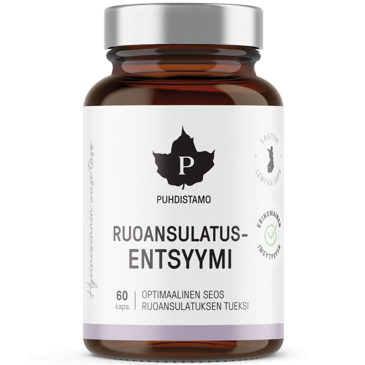 Puhdistamo Digestive Enzymes is a vegan supplement in a brown glass bottle with 60 capsules. The white label displays the Puhdistamo brand, black text, and a leaf logo at the top to support healthy digestion.