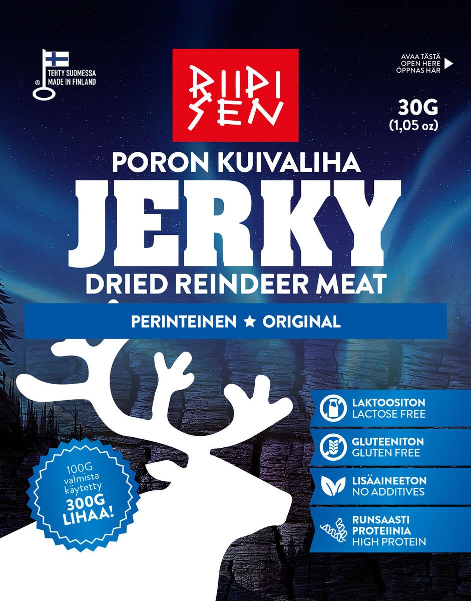 Riipisen Reindeer Jerky by Riipisen comes in a blue pack with a white reindeer head silhouette. This Finnish snack is gluten-free, lactose-free, contains no additives, is high in protein, and made with 300g Lapland dried meat per 100g jerky.