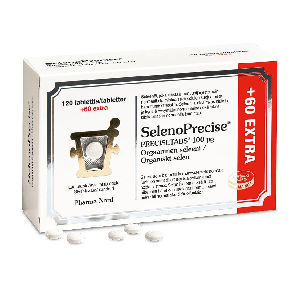 A Pharma Nord SelenoPrecise box contains 120 tablets plus 60 extra. The mostly white packaging features red and black text and highlights organic selenium from selenium yeast, with six white round tablets displayed in front.