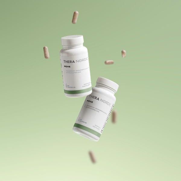 Two white bottles labeled "THERA Nordic Move" float against a soft green gradient with capsules suspended around them, highlighting this THERA Nordic magnesium supplement that supports healthy bowel movements in a clean, minimalist scene.