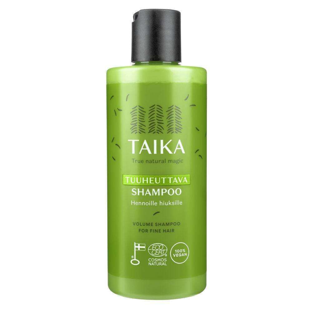 Taika Volume Shampoo by Taika comes in a green bottle and features a volumizing formula specially designed to give fine hair a fuller, healthier look.