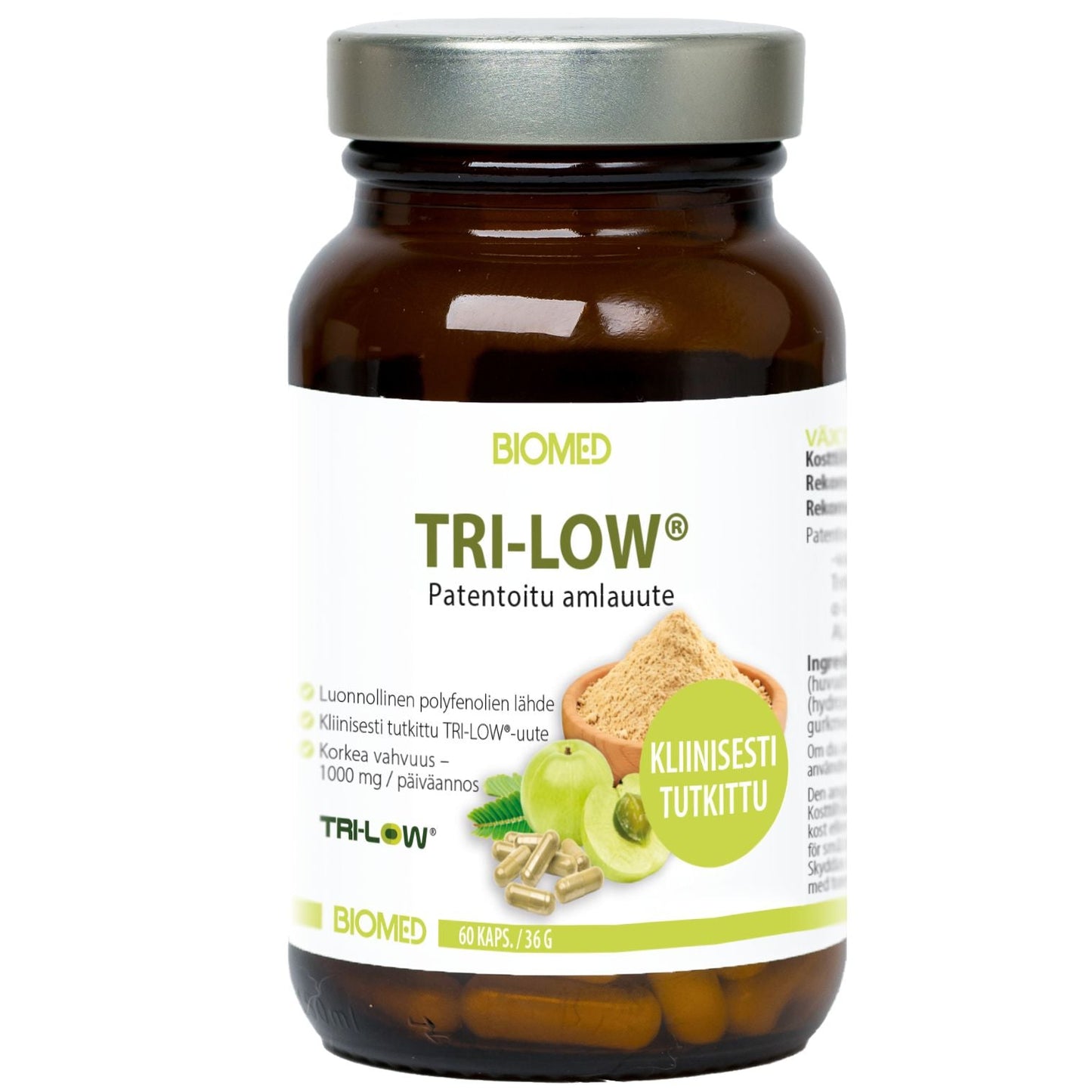 A bottle of BIOMED TRI-LOW dietary supplement capsules, featuring a dark amber glass bottle, a silver metal cap, and a white label with green and yellow accents.